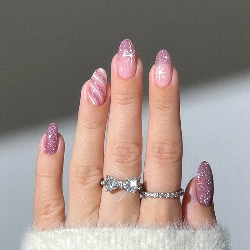 Decorative Press-On Nail Set with Glitter and Striped Design Acalora