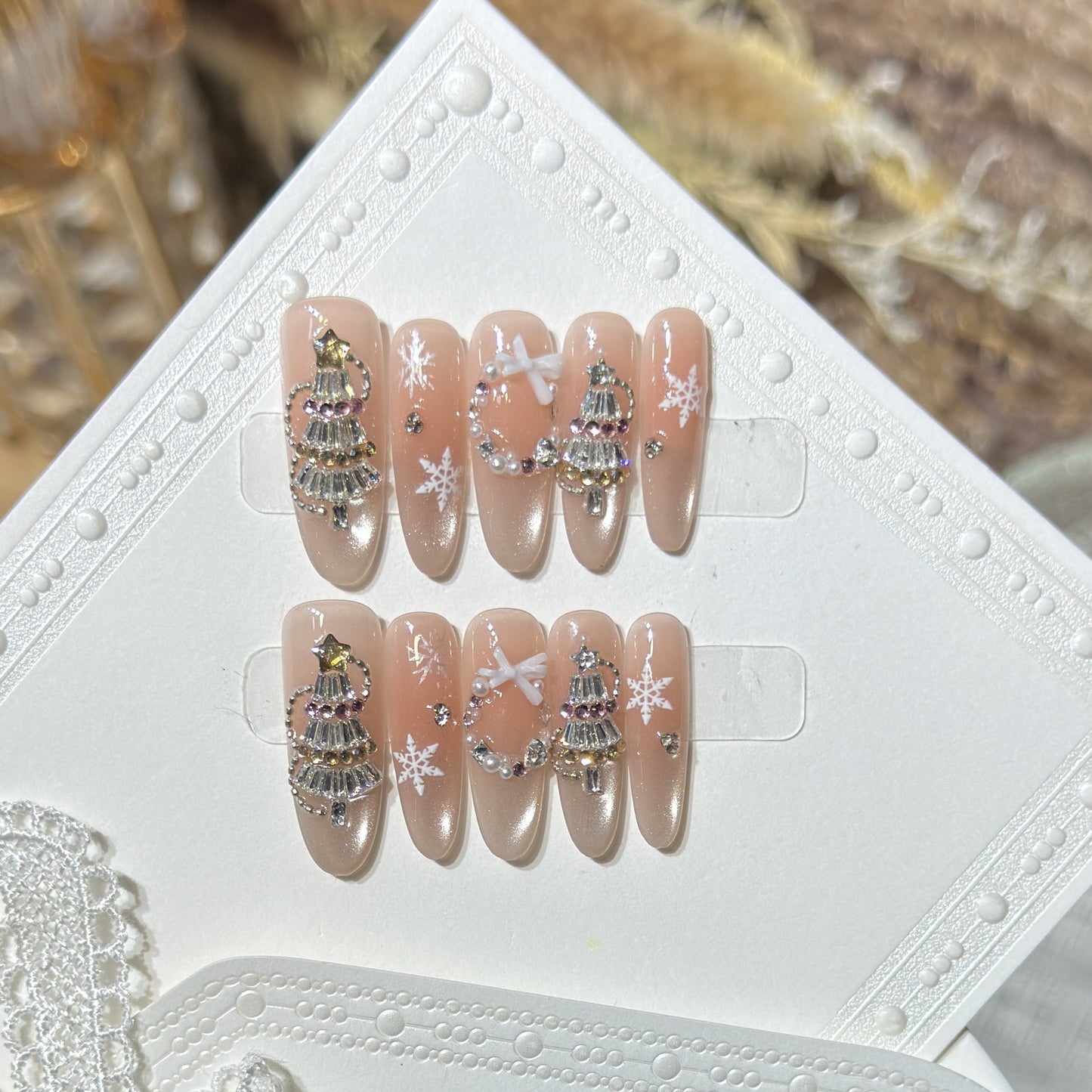 Decorative Stiletto Press-On Nail Art Set with Snowflake and Gemstone Accents Acalora