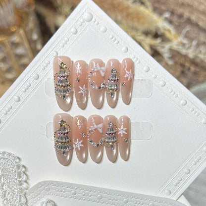 Decorative Stiletto Press-On Nail Art Set with Snowflake and Gemstone Accents Acalora