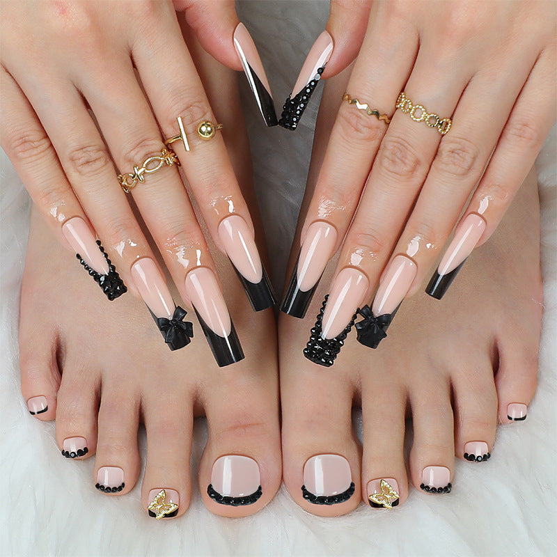 Elegant Press-On Nail Art Set with Decorative Bows and Crystal Accents Acalora