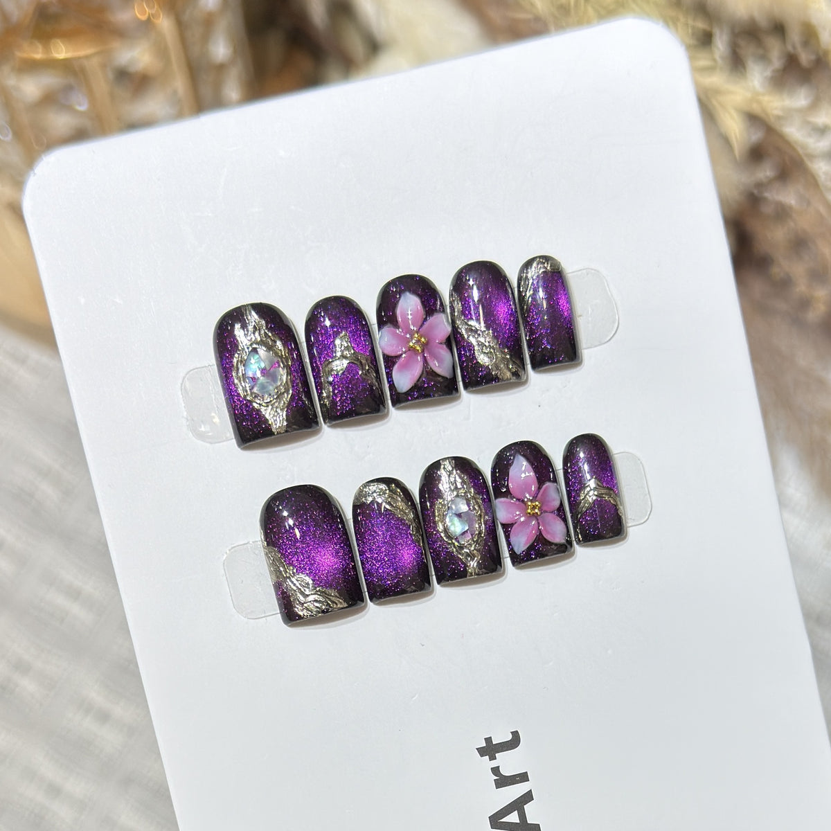 Elegant Floral Press-On Nail Set with Glitter Accents Acalora