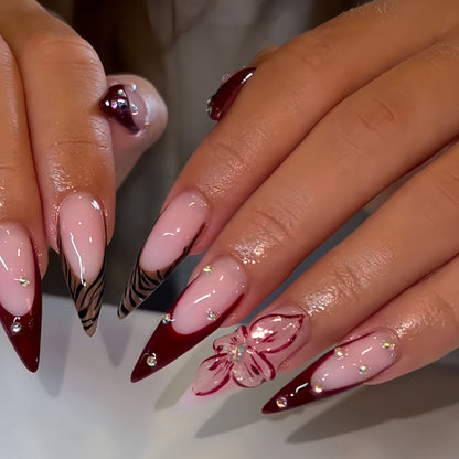 Elegant Stiletto Press-On Nail Art Set with Floral and Geometric Designs Acalora