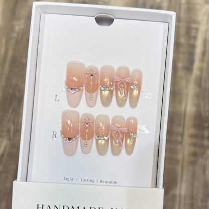 Decorative Stiletto Press-On Nail Art Set with Elegant Ribbons and Gems Acalora