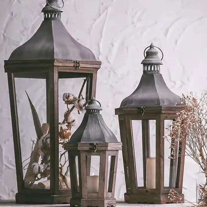 Rustic Weathered Wood and Metal Indoor Outdoor Candle Lantern Set Acalora