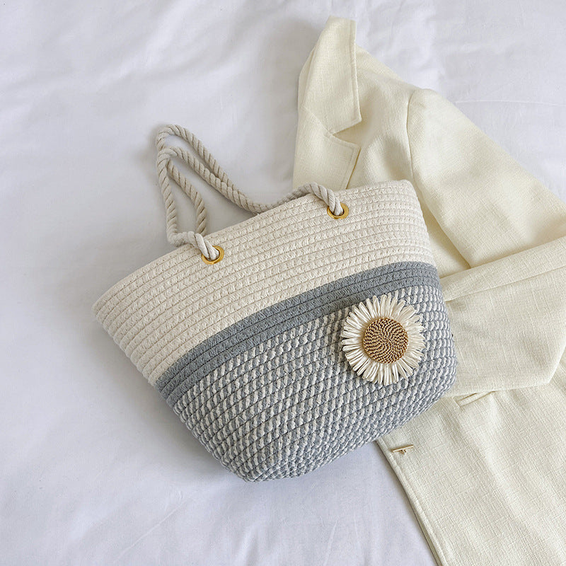 Handcrafted Floral Detail Straw Tote Bag Acalora