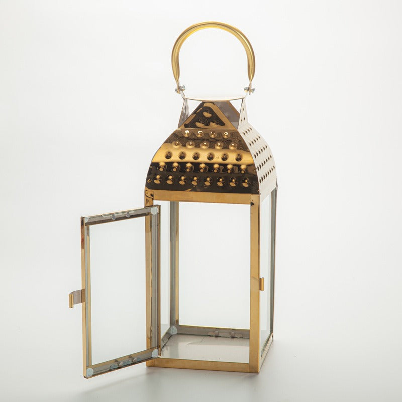 Decorative Metal and Glass Candle Lantern Set with Hinged Door Perforated Dome Top & Carry Handle Acalora