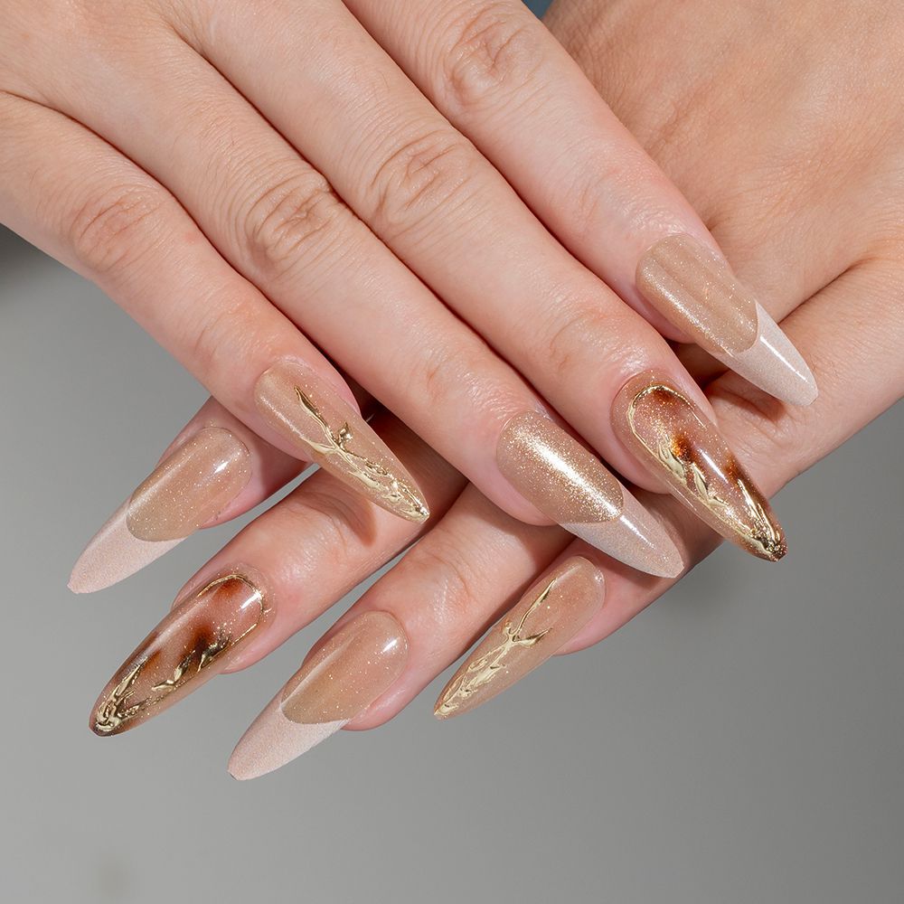 Elegant Stiletto Press-On Nail Set with Gold Accents Acalora