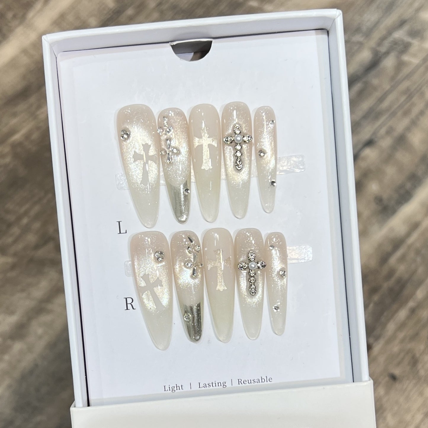 Elegant Decorative Press-On Nail Set with Rhinestone Cross Accents Acalora