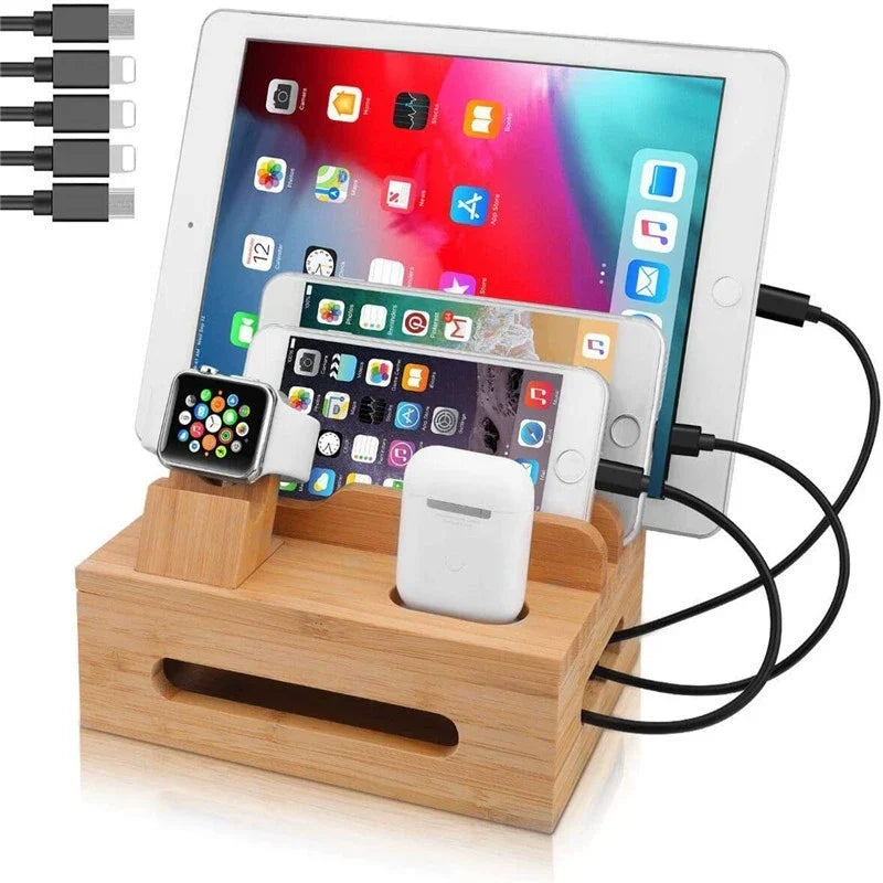 BowLift | Tekavo Bamboo Charging Station – 5-Port USB Organiser with Cable Set