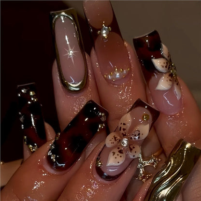 3D Floral and Gemstone Press-On Nail Set Acalora