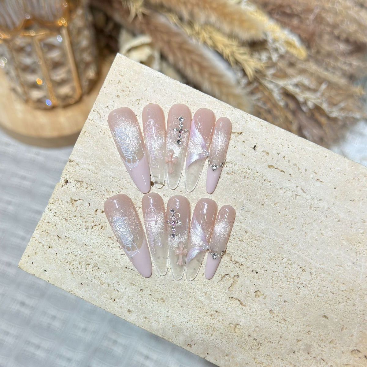 Elegant Stiletto Press-On Nail Set with Intricate Designs Acalora