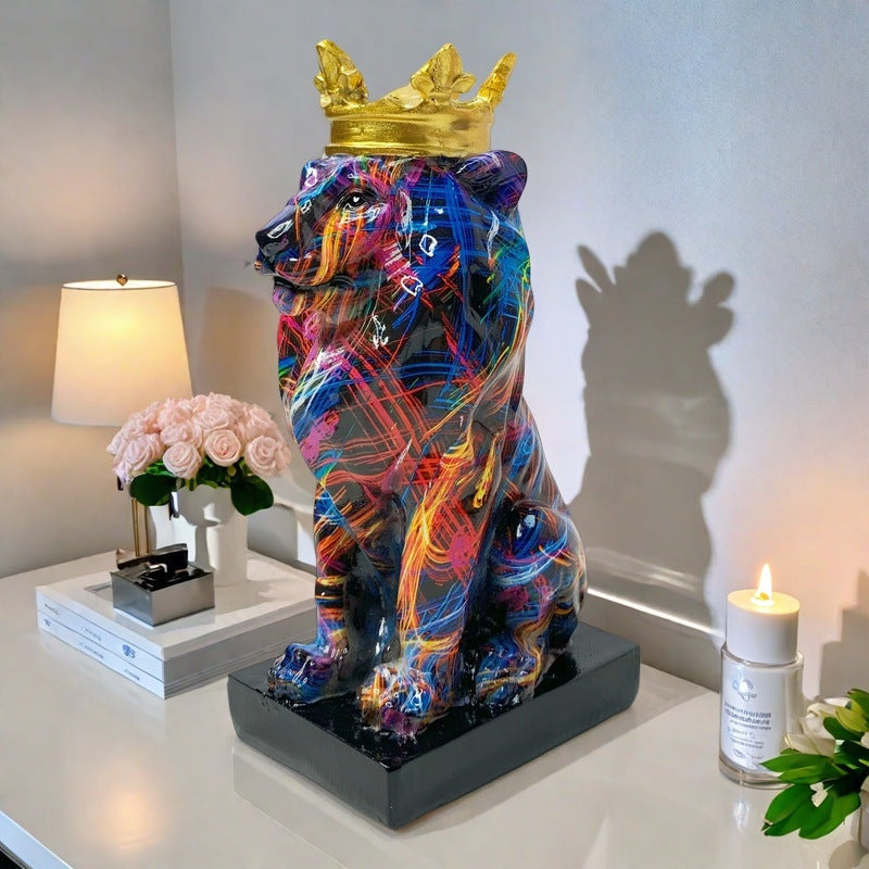 Colorful Lion Sculpture with Crown Acalora