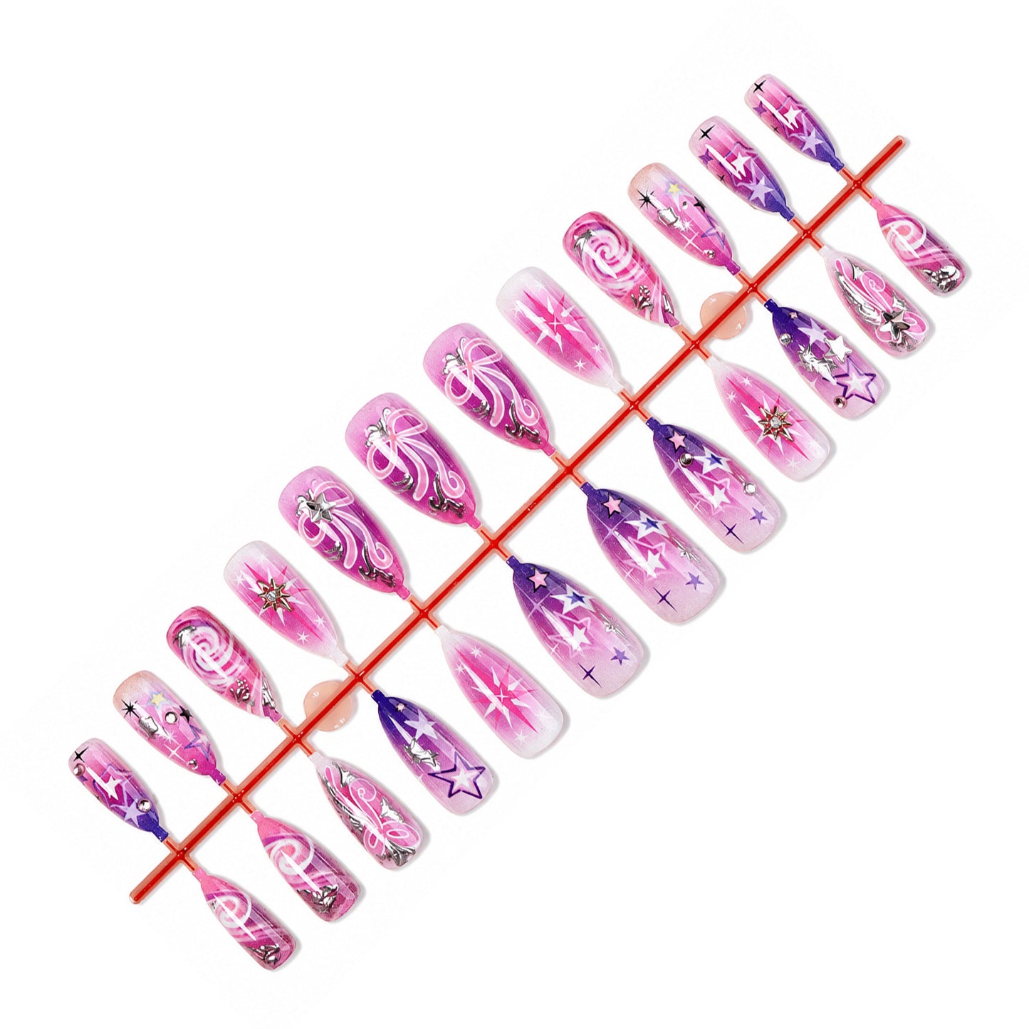 Artistic Press-On Nail Set with Star and Whimsical Patterns Acalora