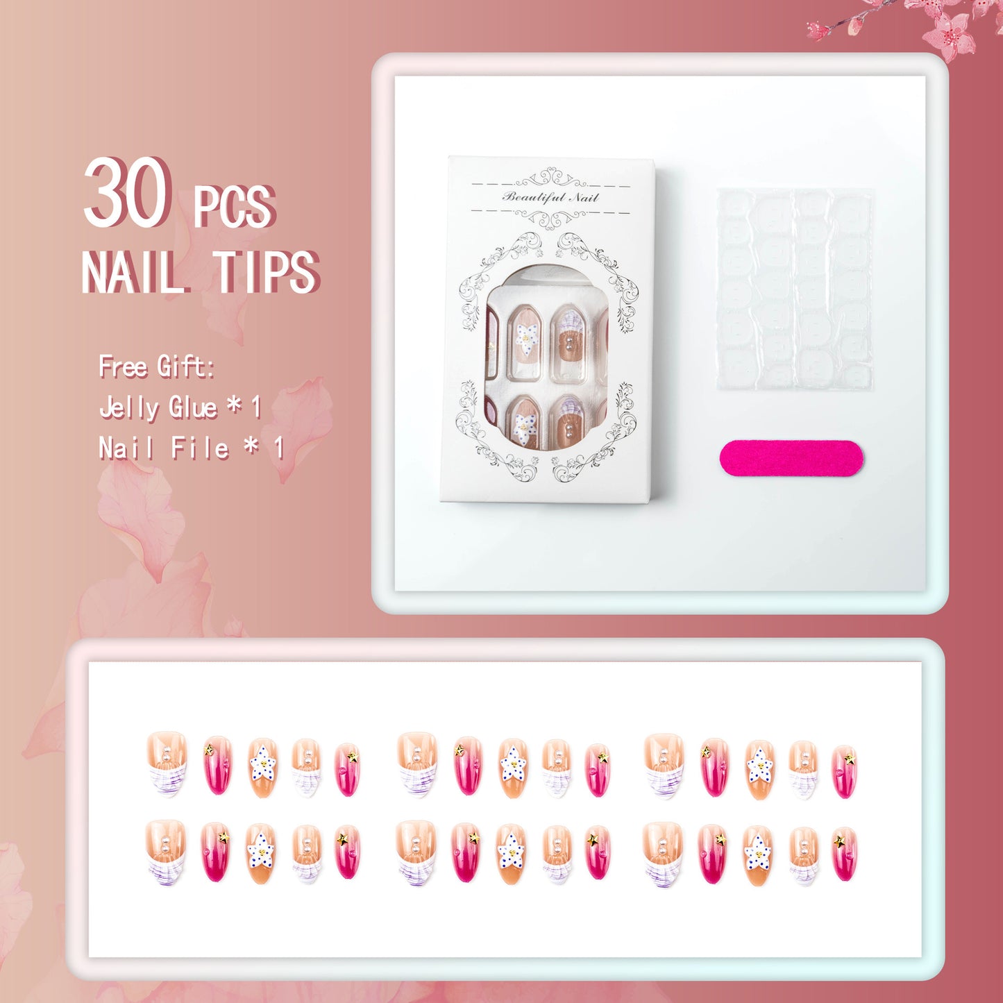 Artificial nails with floral design and glamorous accents Acalora