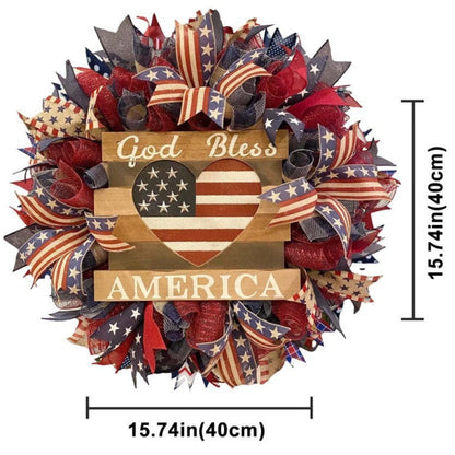 Unisex nan handcrafted Americana medallion wreath with layered deco mesh ribbons star motif bows and rustic sign Bowlift