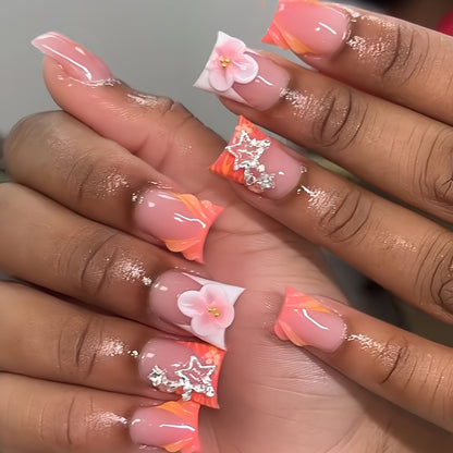 Artistic Press-On Nail Art Set with Floral and Gemstone Accents Acalora