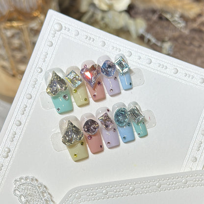 Artistic Press-On Nail Set with Gemstone Embellishments Acalora