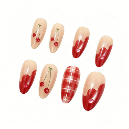 Artificial nails with romantic cherry and checkered pattern Acalora