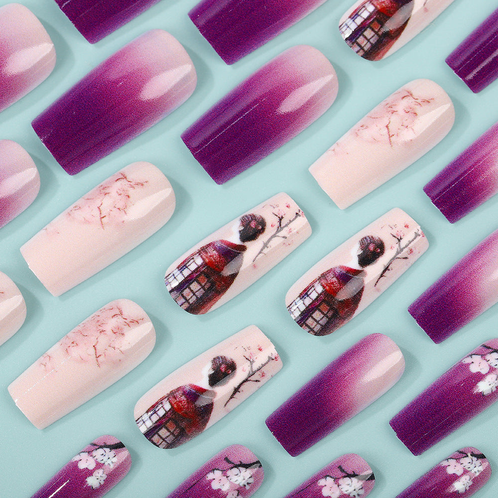 Elegant Artificial Nails Set with Ombre Design and Artistic Accents Acalora