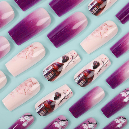 Elegant Artificial Nails Set with Ombre Design and Artistic Accents Acalora