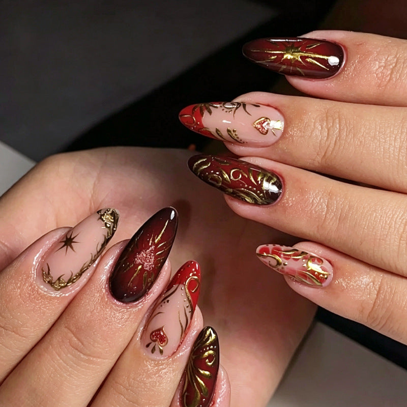 Decorative Press-On Nail Art Set with Intricate Gold Floral Design Acalora
