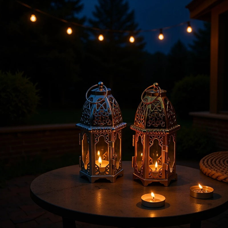 Intricate Cutwork Metal Tealight Lantern with Hinged Glass Panels Acalora
