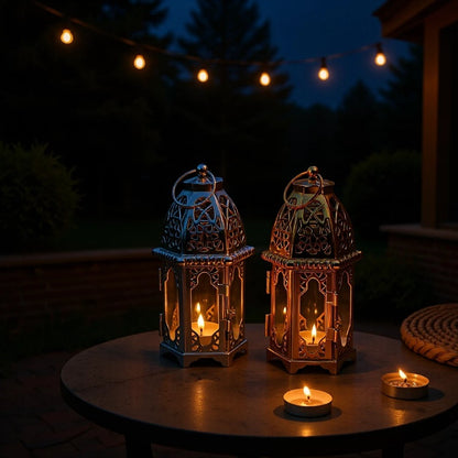 Intricate Cutwork Metal Tealight Lantern with Hinged Glass Panels Acalora