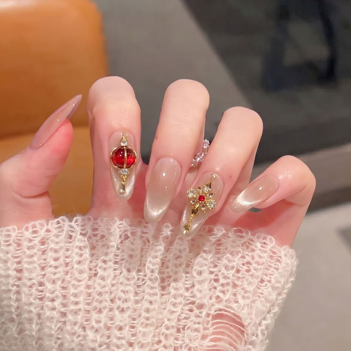 Elegant Stiletto Press-On Nail Set with Gemstone Accents Acalora