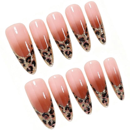 Elegant Stiletto Nail Art Set with Gold and Leopard Accents Acalora