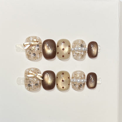Decorative Press-On Nail Set with Pearl and Bow Accents Acalora