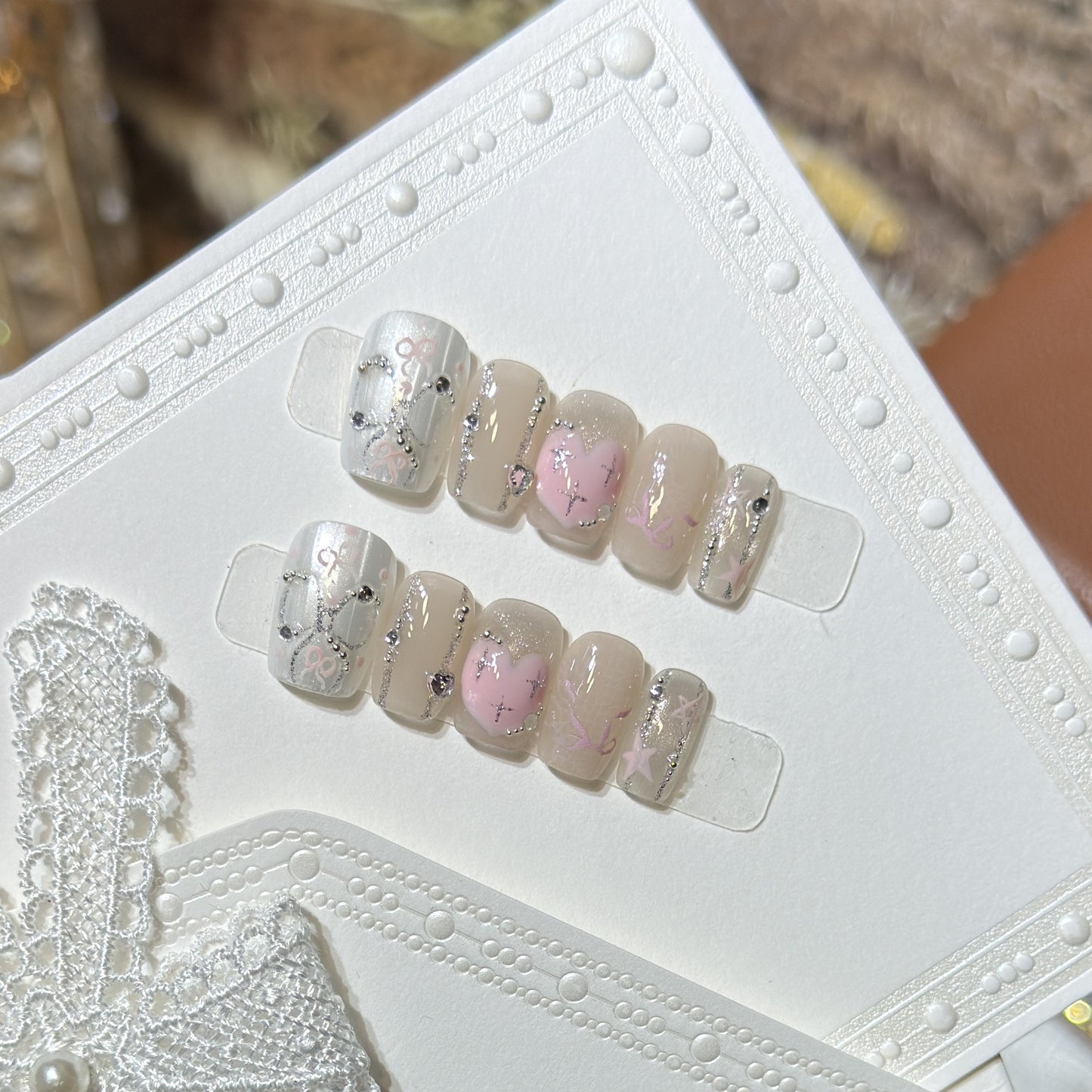Decorative Press-On Nail Set with Heart and Silver Accents Acalora