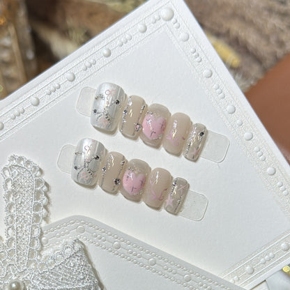 Decorative Press-On Nail Set with Heart and Silver Accents Acalora