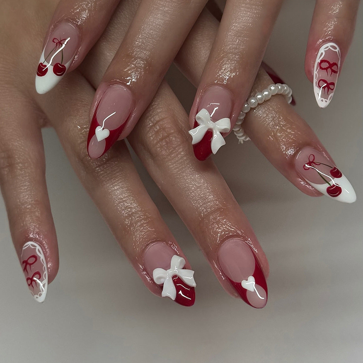 Decorative Press-On Nail Art Set with 3D Bow and Cherry Designs Acalora