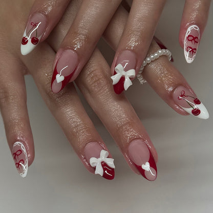 Decorative Press-On Nail Art Set with 3D Bow and Cherry Designs Acalora