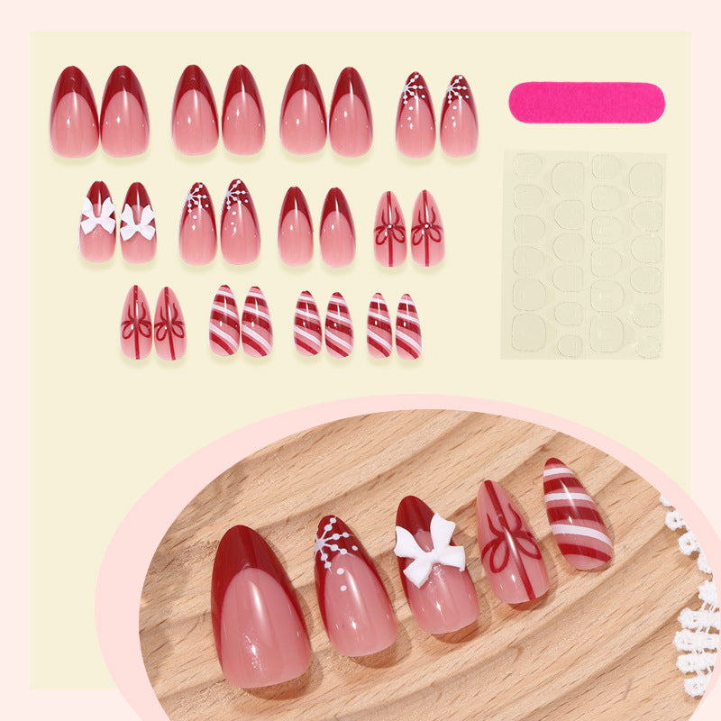 Decorative Press-On Nail Set with Elegant Bow and Striped Designs Acalora