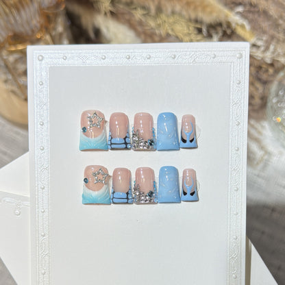 Decorative Press-On Nail Art Set with Ocean-Inspired Design Acalora