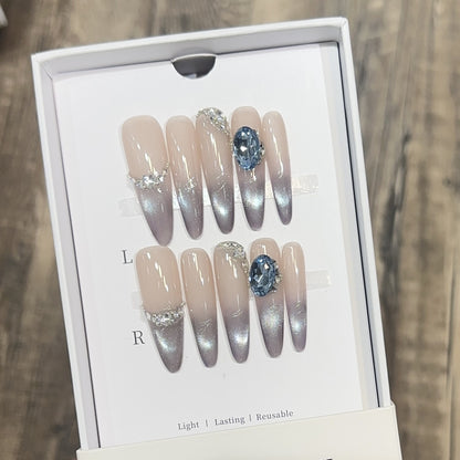 Glamorous Press-On Nail Set with Ombré Design and Rhinestone Accents Acalora