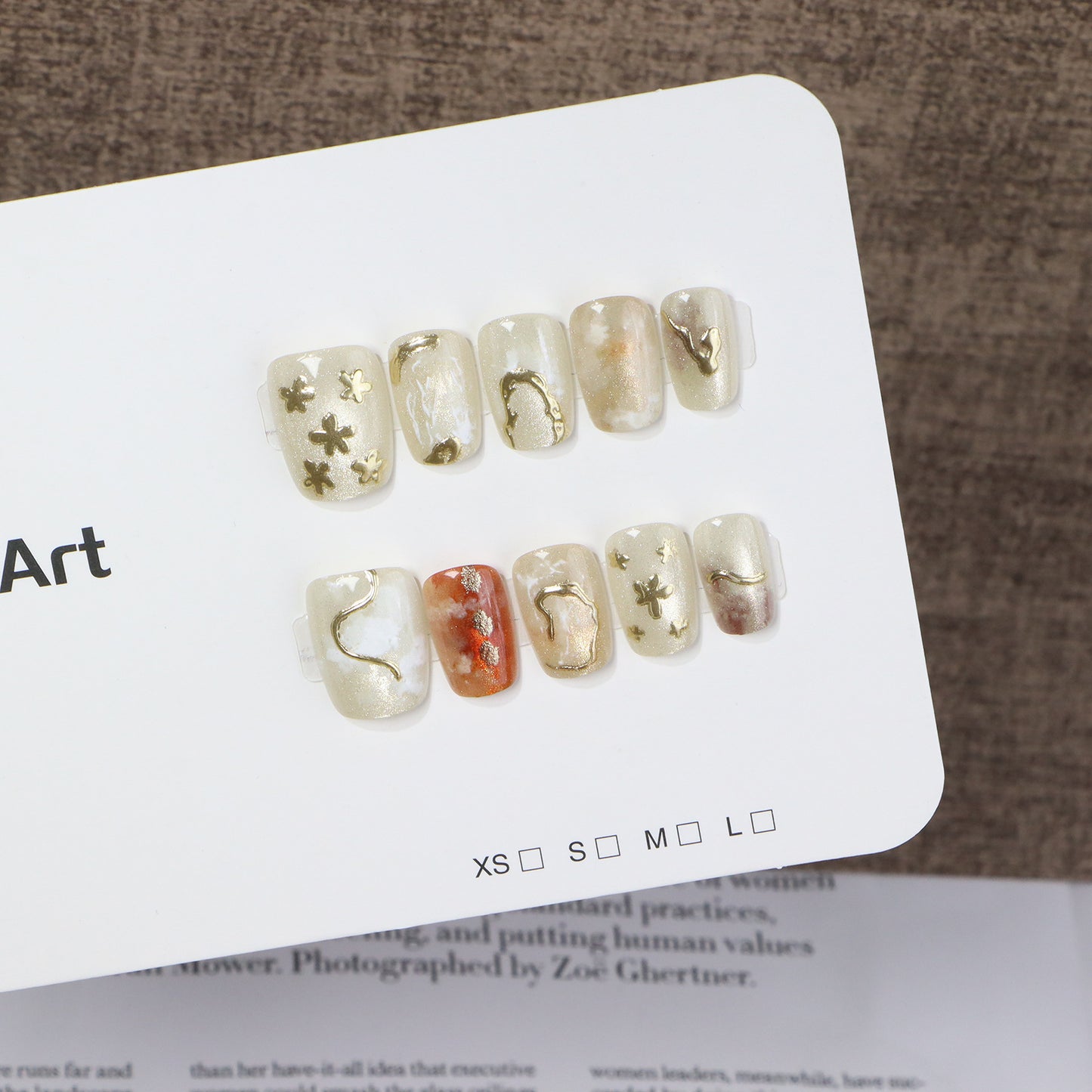 Elegant Press-On Nail Art Set with Unique Metallic Designs Acalora