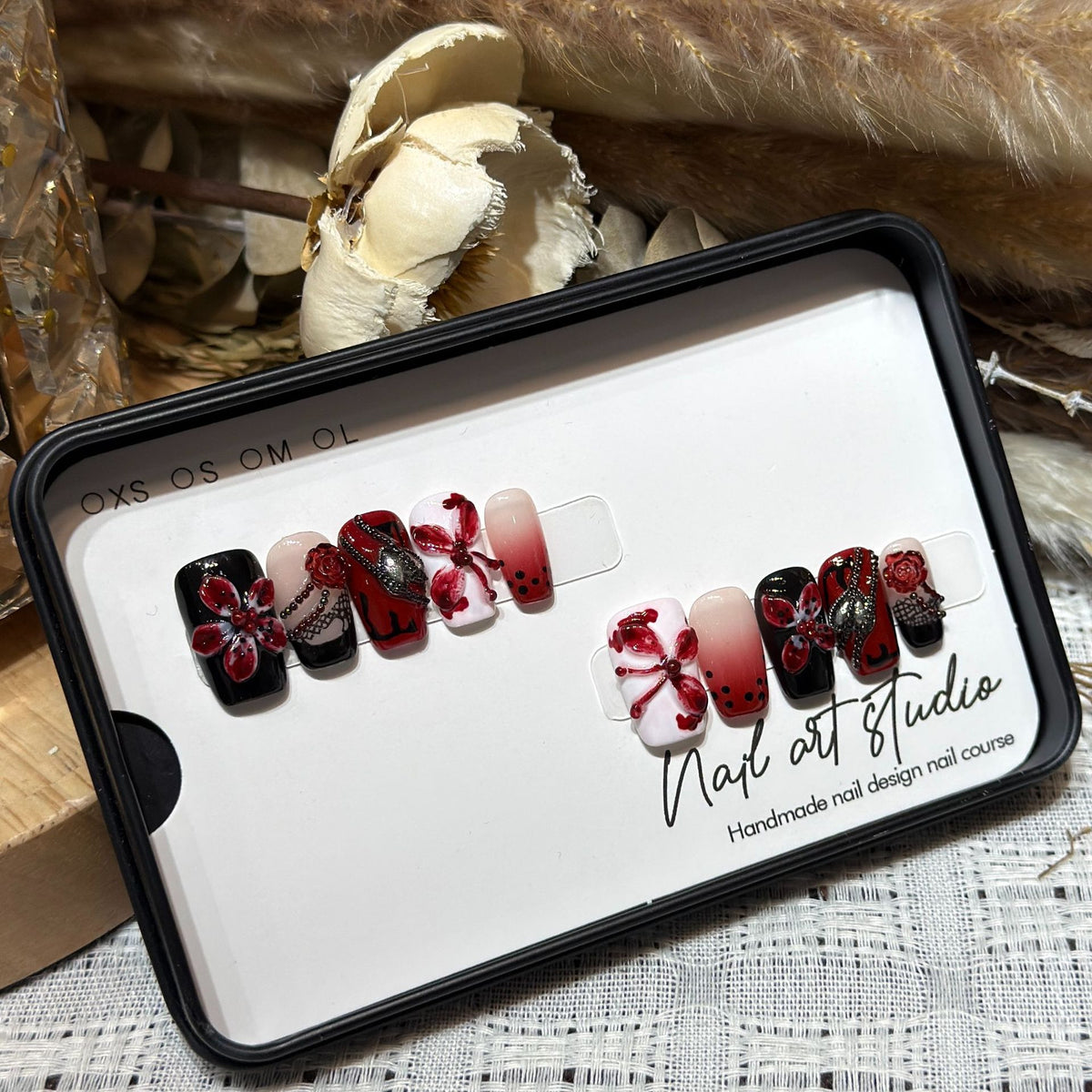 Artistic Nail Decoration Press-On Set with Unique Floral and Gemstone Designs Acalora