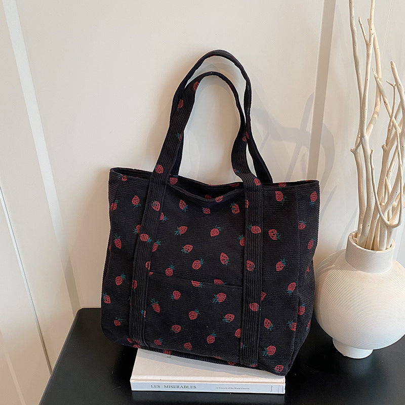 Playful Strawberry Print Corduroy Tote Bag Acalora