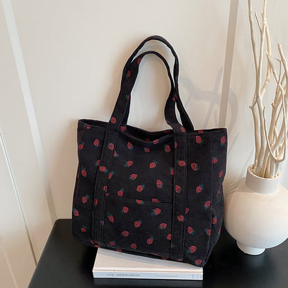 Playful Strawberry Print Corduroy Tote Bag Acalora