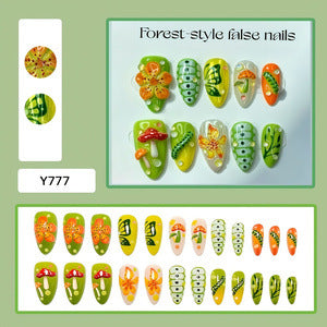 Artificial nails in forest style with floral and mushroom-shaped designs Acalora