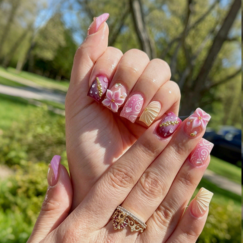 Premium Artistic Press-On Nail Set with Decorative Floral Elements Acalora