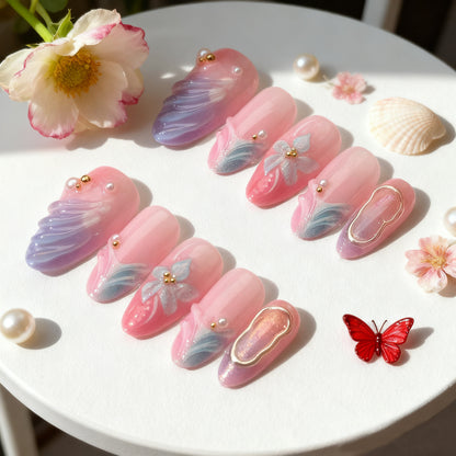 Artificial nails with flower pattern and glamorous accents Acalora