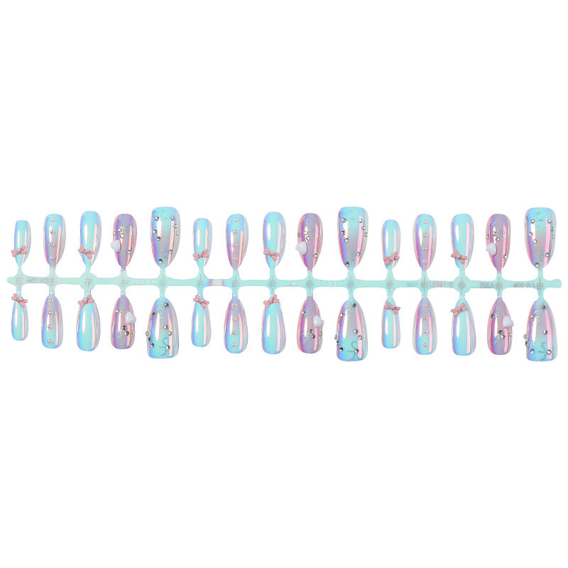 Decorative Press-On Nail Set with Elegant Bow and Gem Accents Acalora