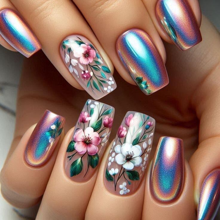 Artificial nails with floral and holographic accents Acalora