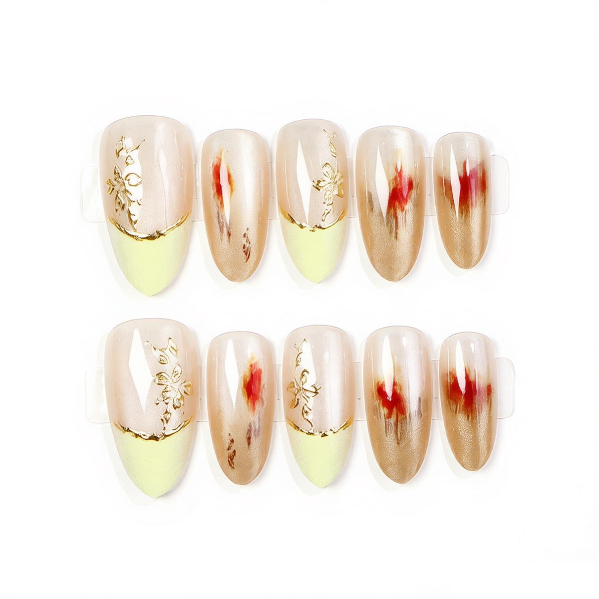 Elegant Press-On Nail Set with Floral Gold Accents Acalora