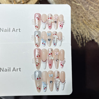 Decorative Press-On Nail Art Set with Charming Cherry Accents Acalora