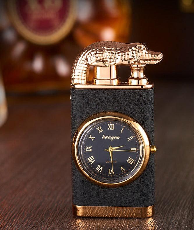 Brehn Lighter with quartz watch, metal punch, windproof lighter with blue flame and alligator head