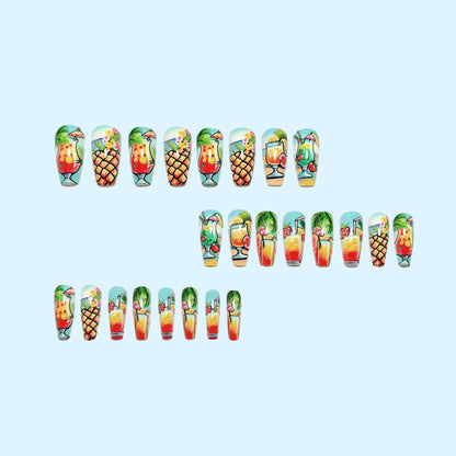 Artificial nail set with tropical drink motif and colorful accents Acalora